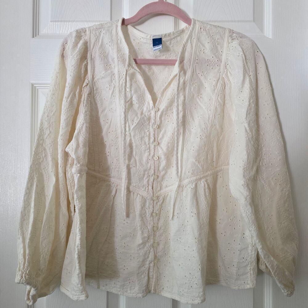 Old Navy Oversized Embroidered Cutwork Tie-Neck Blouse Large